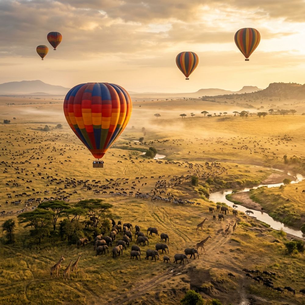 Hot air balloons over the savanna at sunrise