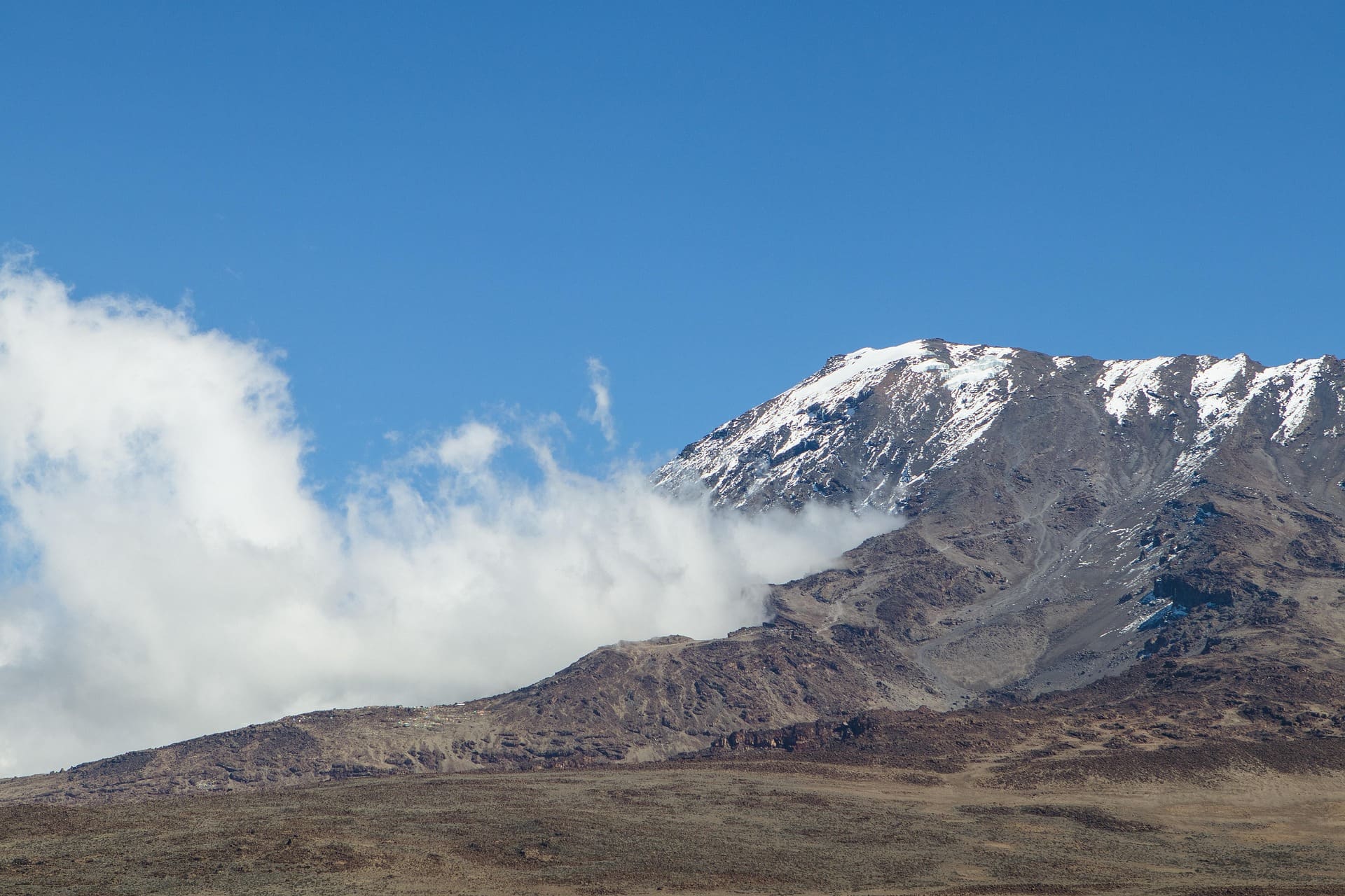 The snow-capped summit of Kilimanjaro above the saddle